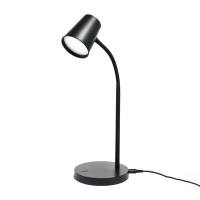 A black LED desk lamp with a flexible neck and a round base, shown against a white background.