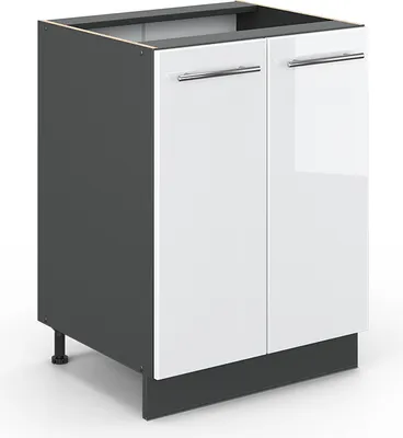 A kitchen base cabinet with two doors and chrome handles, shown against a white background.