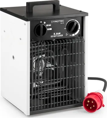 A white and black electric heater with a red power plug is shown against a white background.