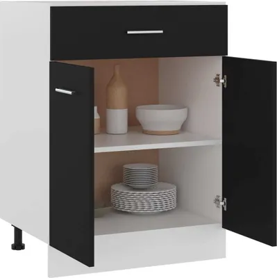 A white and black cabinet with two open doors, revealing shelves with dishes and bowls.