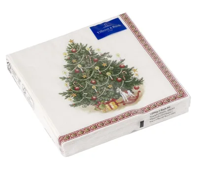 A stack of Christmas-themed paper napkins with a decorated Christmas tree design.