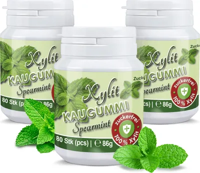 Produktbild von Xylitquelle Zahnpflegekaugummi SPEARMINT | 3 x 80 Stk | 100% Xylit für angenehmen Atem | zuckerfrei, vegan, ohne Aspartam | 240 Kaugummis (3er Pack)