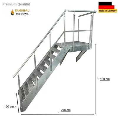 A galvanized steel staircase with a platform and railings, shown against a white background with dimensions indicated.