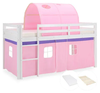 Produktbild von Homestyle4u Hochbett 90x200 Kinder mit Lattenrost mit Matratze Standard mit 100 Tunnel Vorhang Rosa Mädchen Kinderbett Weiß Rausfallschutz