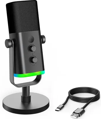A black USB/XLR gaming microphone with a circular base and a coiled USB cable is displayed against a white background.