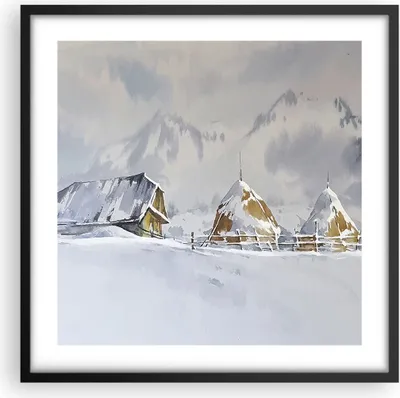 Produktbild von Gerahmtes Poster - Schwarzer Rahmen - Haus Berge Schnee - 50x50 cm - Wand Bild - Wanddeko - Wandbilder - Kunstposter - Wandposter - Bilderrahmen - Bilder - Kunstdruck - P2BAC50x50-4806