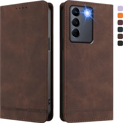 Image de Etui pour Vivo V27E, étui rétro en cuirPolyuréthaneavec support et fentes pour cartes de crédit Marron