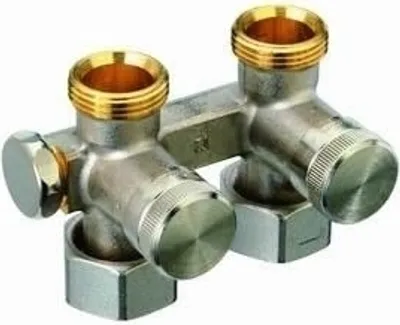 A plumbing fitting with two outlets and two inlets, made of metal.