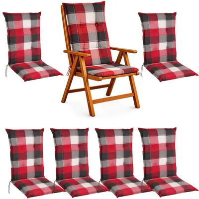Produktbild von BURI 6x Hochlehner Auflage 120x50x5,5 cm - wetterfeste Gartenstuhlauflage mit Schaumkern & Vollvlies, Halteband & Bindebänder, bequemes Stuhlpolster für Balkon, Terrasse & Garten (Rot/Grau Kariert)