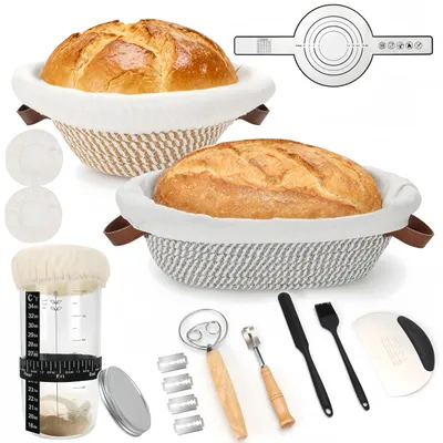 Produktbild von 21er Sauerteig Brotbackzubehör Starterset, mit Gärkörbchen aus Sauerteig Starterglas und Backzubehör, Backzubehör für Hausbäcker, Wiederverwendbar