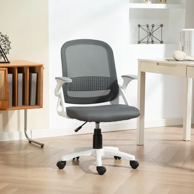 Produktbild von Sweiko Atmungsaktiver Mesh-Bürostuhl, Ergonomischer Drehstuhl mit klappbaren Armlehnen und Lendenwirbelstütze, Grau