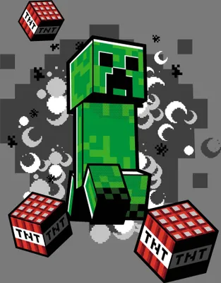 A Minecraft Creeper character is depicted with TNT blocks, surrounded by pixelated graphics and smoke effects.