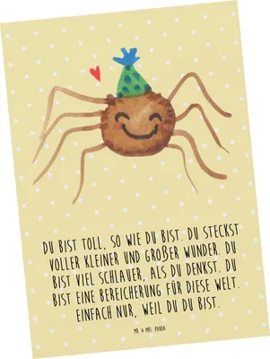 Produktbild von Mr. & Mrs. Panda Postkarte Spinne Agathe Party - Gelb Pastell - Geschenk, Fotokarte, Glück, Ansichtskarten, Selbstliebe, Postkarten, Motivation, Wunder, bildkarte