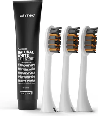 Produktbild von Zahnheld Zahnpasta Natural White mit Bürstenkopf Pro X-Clean im Vorteilspack in weiß - Wechselköpfe, Zahncreme mit Fluorid und Aktivkohle