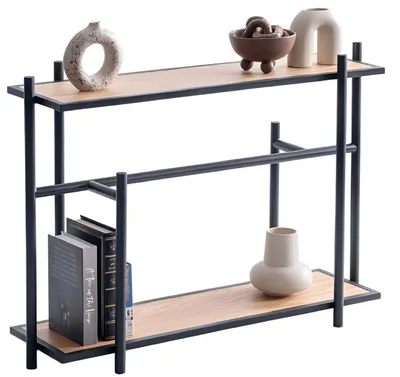 Produktbild von Moderner Konsolentisch mit Metallrahmen und Holzregalen in Schwarz