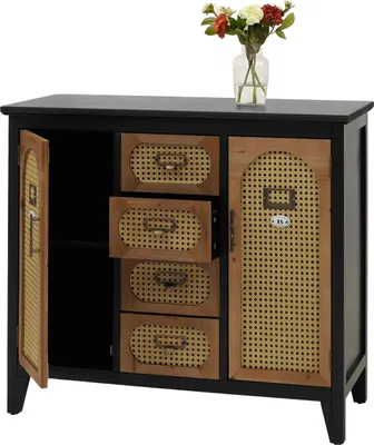Zdjęcie produktu dla Komoda apteczna HWC-O63, kredens, szafka, schowki, szuflady, rattan w stylu vintage 80x91x40cm ~ korpus czarny