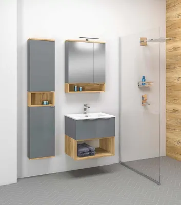 Produktbild von MONTIERT Badmöbel Set mit Waschbecken NELLE GRAU-EICHE 60cm SOFTCLOSE LED Waschtisch Spiegelschrank Hochschrank