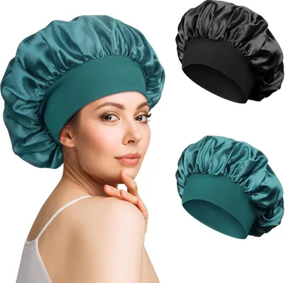 Produktbild von 2 Stück Satin Bonnet Schlafhaube Seide Locken Atmungsaktive Seide Schlafmütze Verstellbare Silk Bonnet Seidenhaube zum Schlafen Weiche Satin Haube für Damen Mädchen(Schwarz, Blau)