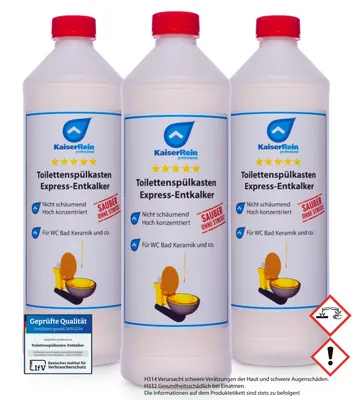 Produktbild von KaiserRein Toilettenspülkasten Express-Entkalker 3 x 1L Entkalker Kalklöser extra stark zur Entfernung hartnäckiger Kalkablagerungen in WC, Spülkästen und Keramik.