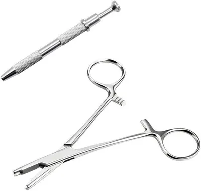 Produktbild von Piercing-Zangen, 3 mm - Edelstahl - mit Pinzette - sichere Befestigung von Schmuck - M-Winkel