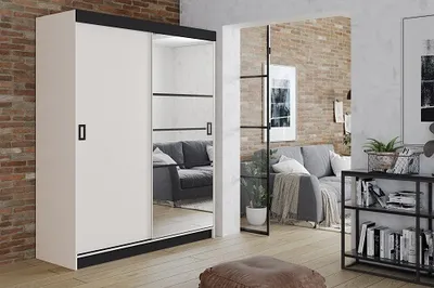 Produktbild von FurMeb24 Schiebetrenschrank RETRO 6-138x200cm Kleiderschrank mit Spiegel, 2-triger Schiebeschrank (Weiss  / Weiss+ Spiegel und schwarze Beschl€ge)