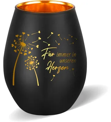 Produktbild von Trauerlicht Windlicht mit Gravur "Für immer in unserem Herzen" Glas Schwarz/Gold 11,5x7,1 cm