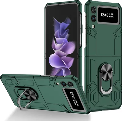 Produktbild von Galaxy Z Flip3 Hülle, Robust Harter PC, Stoßfest, Ringhalter, Ständer Schutzhülle für Samsung Galaxy Z Flip 3 5G Grün