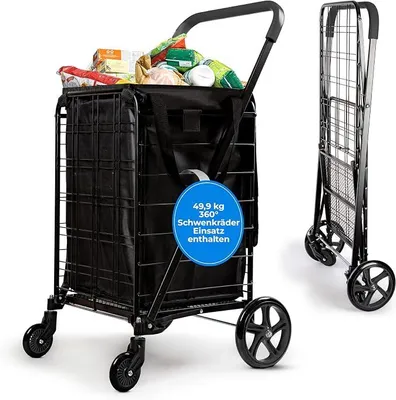 Immagine prodotto di Carrello per la spesa, pieghevole, con una capacità di 50 litri, resistente fino a 50 kg, dotato di un sistema per salire le scale, ruote girevoli a 360° e borsa removibile