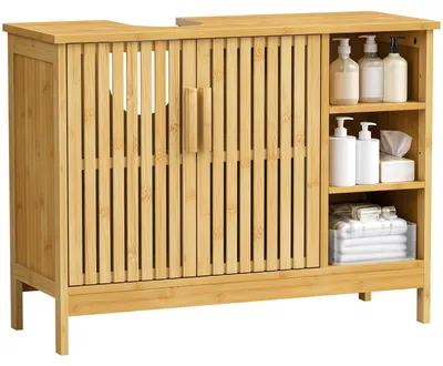 Badschrank 80x30x60 cm, Bambus, 2 Türen, 3 offene Fächer