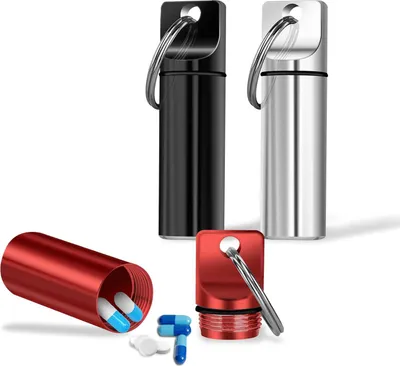 Produktbild von 3 Stück Mini-Pillendose Schlüsselanhänger - Aluminiumlegierung Reise-Pillenorganizer - Wasserdichte Pillendose für Outdoor-Reisen - Praktisch zum Campen