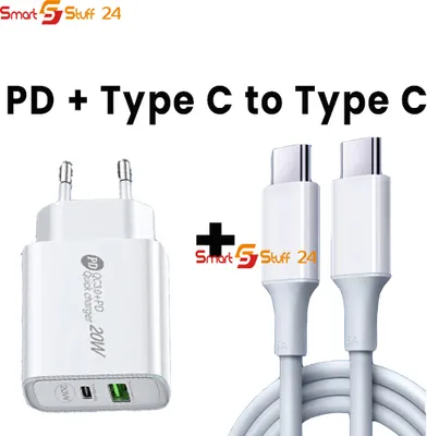 A white PD charger and two white USB-C cables are displayed against a white background, with text indicating the product's capabilities.