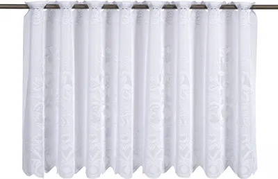 A white, semi-transparent curtain with a floral pattern, hanging from a rod.