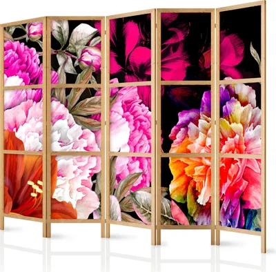 Zdjęcie produktu dla Parawan japoński Kwiaty 225x172 cm 5-częściowy czarny