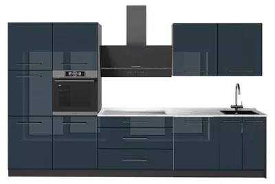 Zdjęcie produktu dla Zabudowa kuchenna Vicco Fame-Line Ciemnoniebieski wysoki połysk/Antracyt 340 cm, BP Marmur, Model 64571