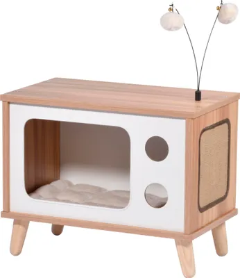 Produktbild von dobar Katzenhöhle TV-Design mit Spielbällen, Jute-Fläche & Plüschkissen, 50 x 29 x 40 cm, Holz, Braun/Weiß