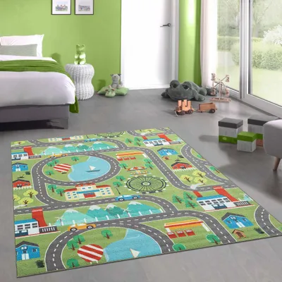 Obrázok produktu pre Detská hracia podložka s výhľadom na mesto v prírode v zelenej farbe Veľkosť - 100x200 cm