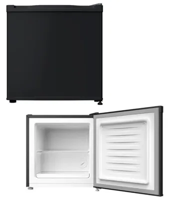 A black mini-fridge is shown from two angles: closed and open.