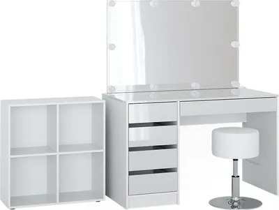 Produktbild von Schminktisch Vicco Sherry Weiß 120 cm 4 Teile, mit Standregal, Spiegel, Hocker, LED, Model 41628