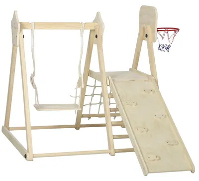 Obrázok produktu pre AIYAPLAY 5-v-1 drevená lezecká veža Montessori do interiéru so šmýkačkou a hojdačkou, prírodná farba