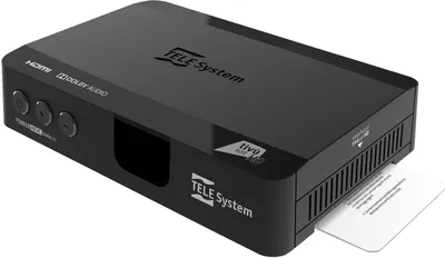 A black satellite receiver with a smart card partially inserted.