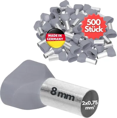 Produktbild von 500 Stück Kalitec AET07508GR Zwillingsaderendhülsen isoliert 2x0,75mm² 8mm lang grau I  Germany I Industriequalität