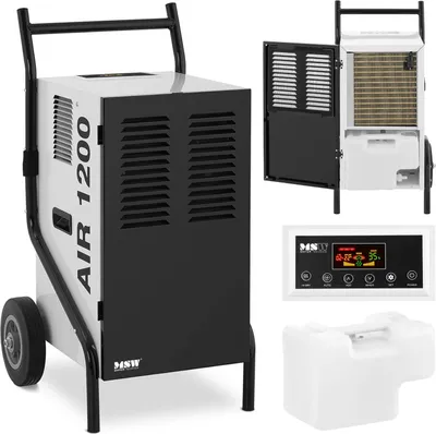 A collage of images showing a dehumidifier, its control panel, and a water tank.