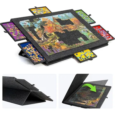 Obrázek produktu pro Skládací deska na skládání s 6 barevnými zásuvkami, stůl na skládání pro dospělé, superlehké plstěné puzzle s krytem, úložný prostor pro 1000 dílků