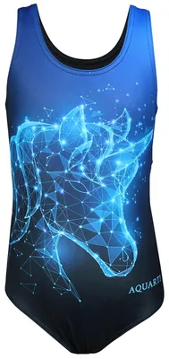 Produktbild von Aquarti Mädchen Badeanzug mit Ringerrücken Print, Farbe: Einhorn Blau / Schwarz, Größe: 122