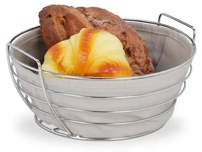 Produktbild von Brotkorb aus Metall mit herausnehmbarer Stoffeinlage, rundes Körbchen für Brot und Brötchen, Ø 23 cm, Grau