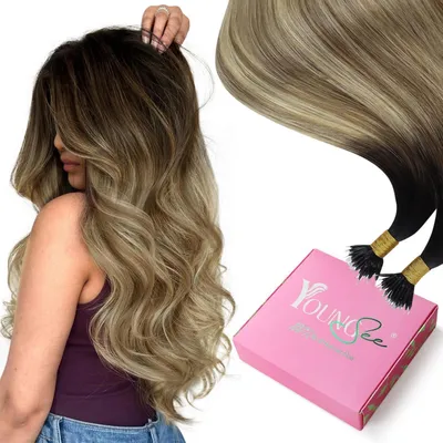 Obrázek produktu pro Nanoringové prodlužování vlasů, přírodní vlasy, balayage, 45 cm, velmi tmavě hnědé s blond barvou, 50 g