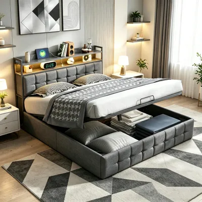 Image de INONEFT, lit rembourré 140x190 cm avec espace de rangement, lit double avec éclairage LED et port USB, lit coffre à lattes relevables, revêtement en tissu, couleur gris