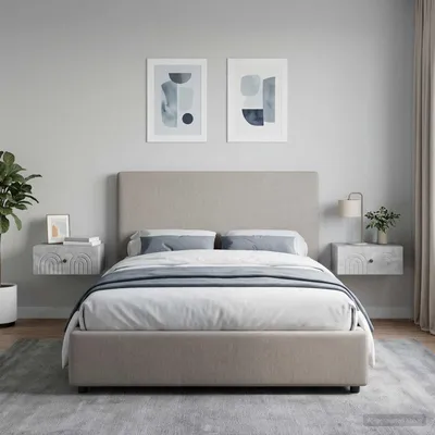 Image de Table de chevet murale exclusive, lot de 2, couleur gris béton, dimensions : 49 x 34,5 x 20 cm
