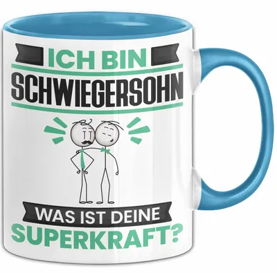 Produktbild von Schwiegersohn Tasse Geschenk für Schwiegersohn Geburtstag Lustiger Spruch Kaffee-Becher Was Ist Deine Superkraft (Blau)