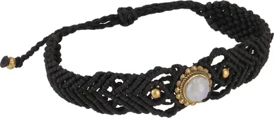 Produktbild von Perlenarmband, Makramee Armband, Fußband, Fußschmuck - Mondstein/schwarz, Baumwollfäden, Armreifen & Armbänder Modeschmuck
